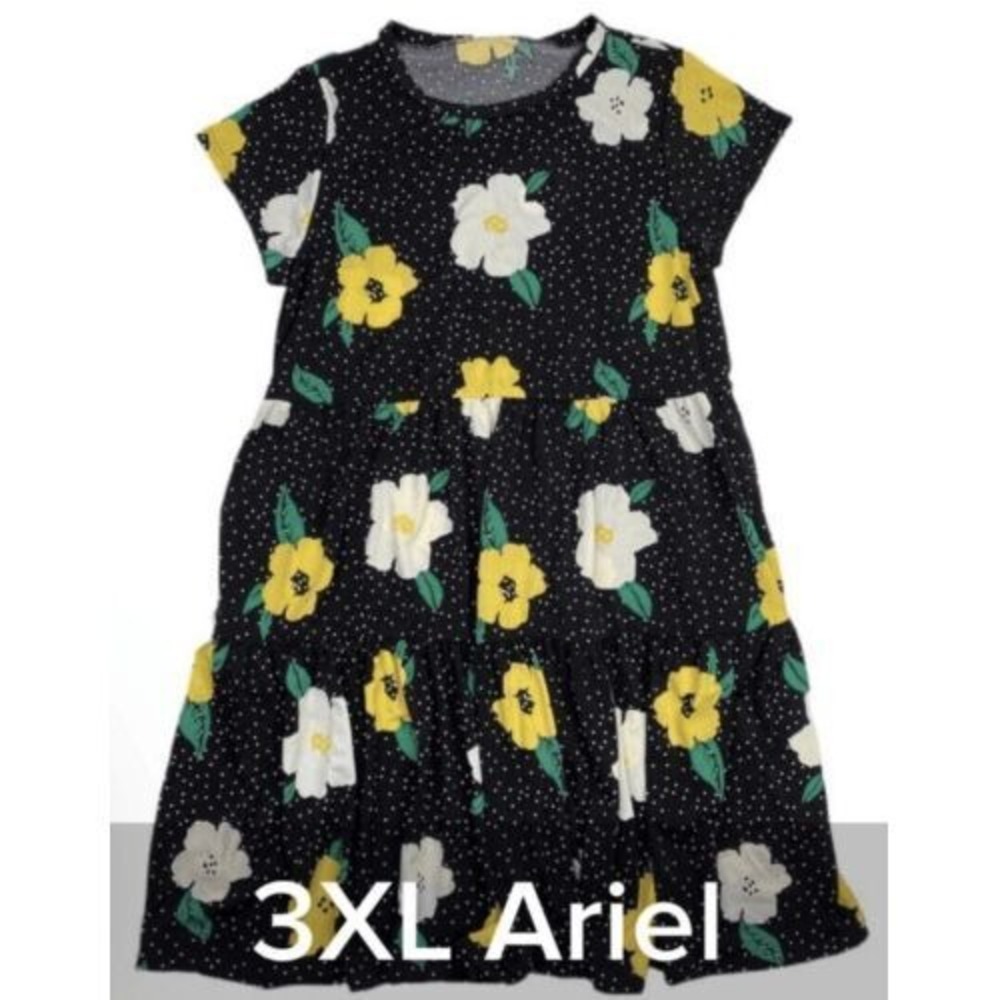 LuLaRoe Womens Dress Size 3XL Ariel Tiered Black Yellow Flowers Dot Crepe 3X NWT